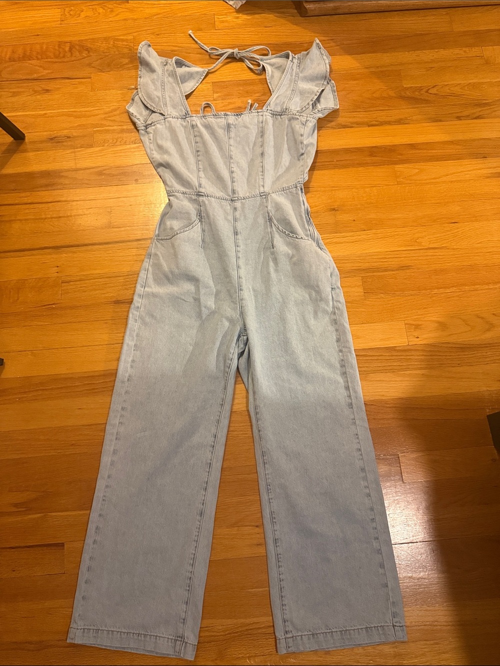 Light Blue Denim Jumpsuit with Tie Back